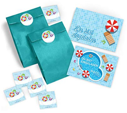 JuNa-Experten 10 Einladungskarten zum Kindergeburtstag Schwimmbad Party/Pool Party/schöne und bunte Einladungen/Umschläge/Party-Tüten (10 Karten + 10 Umschläge + 10 Party-Tüten + 10 Aufkleber)