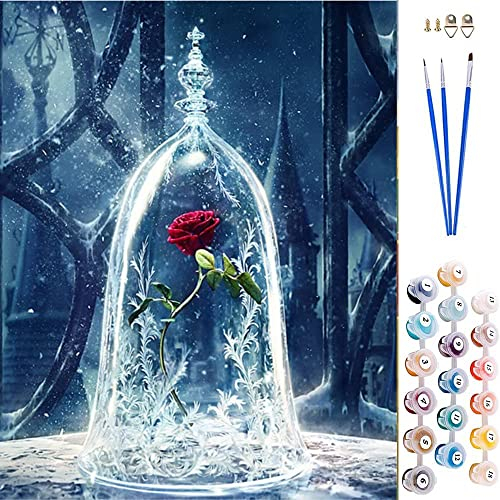 ABEUTY DIY Fabric Decorating Kits, Paint by Numbers Bottle Rose Flower Beauty & Beast 16x20 inches Number Painting Wall Art (Plant, Wooden Framed)