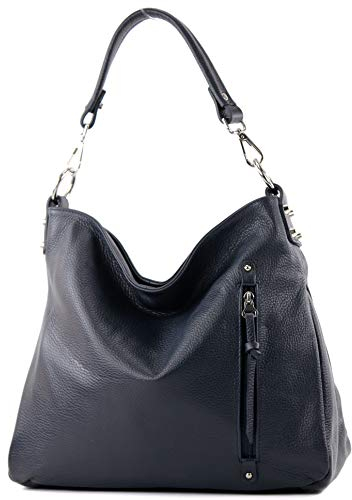 modamoda de T183 Damen Schultertasche Handtasche Tragetasche Echtleder Groß handmade in Italy, Farbe:Dunkelblau