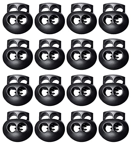 LuLyLu 20 Pack Spring Cord Locks for Drawstrings, Black Plastic Double Holes Cord Ends Fastener Oval Toggle Stopper Sliders