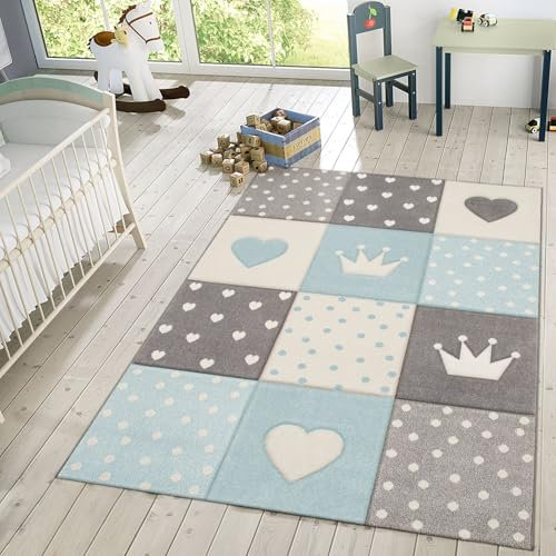 TT Home Kinderzimmerteppich Teppich Junge Mädchen Kinderteppich Punkte Stern 3D Streifen, Farbe: Blau 2, Größe:200x290 cm