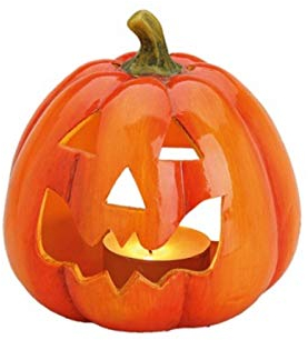 Halloween Deko Windlicht Teelichthalter Kerzenhalter „Kürbis mit Gesicht“ aus Ton glänzend - orange Ø14 x T17 cm