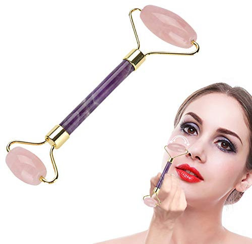 Jade Roller Rosenquarz Massagegerät Gesichtsroller mit Gua-Sha Natürlicher Gesichtsroller, Jade Roller für Gesicht Jade Roller Massagegerät Gesicht(Rosa Kristallkopf + Amethyststab)