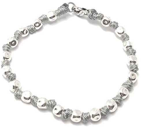 Spadarella Schwert-Armband mit Nuggets aus 925er Silber mit einem Durchmesser von 6 mm und grauer nautischer Baumwolle. Handgefertigt. Uni. Länge 19 cm., 19 cm, Baumwolle
