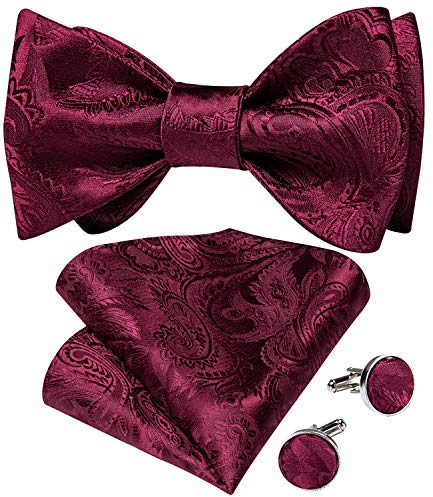 DiBanGu Fliege für Herren, kariert, gestreift, Seide, gewebt, Einstecktuch, Manschettenknöpfe, Hochzeit, Party, 07 Weinrot, Einheitsgröße
