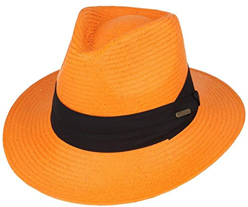 viz-uk wear Unisex Orange Paper Straw Crushable Foldable Summer Panama Fedora Hat with Band and Adjustable Sweatband (Small(55cm))