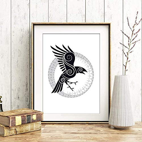Din A4 Kunstdruck ungerahmt - Rabe von Odin - Nordische Keltische Mythologie Skandinavisch Gothic Wappentier Wappen Druck Poster Bild
