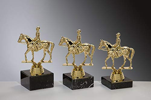 Henecka 🐴 Pferdesport Pokal Dressurreiten Trophäe Schraubfigur Dressurreiter mit Pferd Gold, Marmorsockel schwarz, mit Wunschgravur, wählbar in 3 Größen oder als 3er-Serie (Sockel 65 x 20 mm)