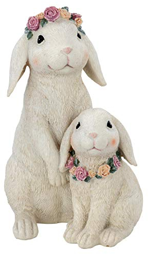 große Deko Hasen Figuren Set Kunststein ca. 20 cm - sitzende Osterdeko Hasen Mama mit Kind mit Blumenkranz & Blumenkette& Fell-Optik - Polyresin Osterhasen Frühjahresdeko zum hinstellen