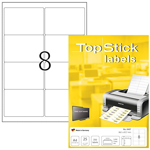 TopStick 8407 Adressetiketten, 800 Blatt, 99,1 x 67,7 mm, 8 pro A4 Bogen, 6400 Stück, selbstklebend, bedruckbar, matt, blanko Papier Adressaufkleber Etiketten, weiß