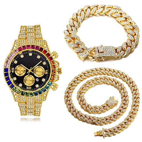 Halukakah Gold Uhr Diamanten Mehrfarbig, Herren 18K Echtes Gold Plattiert 40MM Breite Schwarz Zifferblatt Quarz Armband 21cm mit Kubanischer Kette 20+45cm Halskette Armband,Kostenlose Geschenkbox
