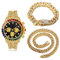 Halukakah Gold Uhr Diamanten Mehrfarbig, Herren 18K Echtes Gold Plattiert 40MM Breite Schwarz Zifferblatt Quarz Armband 21cm mit Kubanischer Kette 20+45cm Halskette Armband,Kostenlose Geschenkbox