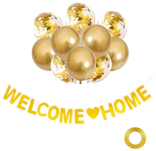 Welcome Home Banner Dekoration Herzlich Girlande Willkommen Home mit 12 STK Wimpeln, 1 Klebeband Und 10 Luftballons für Hochzeit, Fest, Weinachten Und Vintage Dekoration für Familie Party