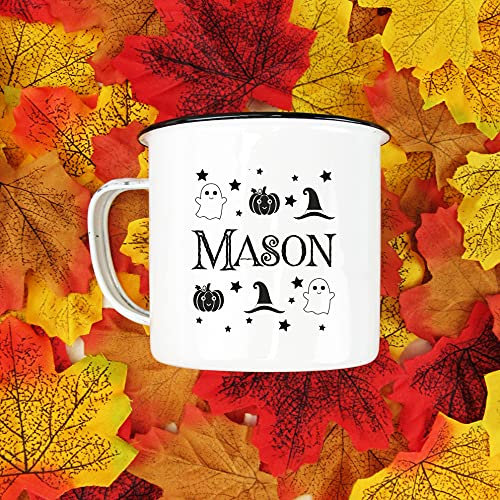 eBuyGB Personalised Halloween Enamel Mug, Camping Mug, Gift for Halloween, Autumnal, Autumn Cup, Fall Coffee Mug, October Birthday Gift