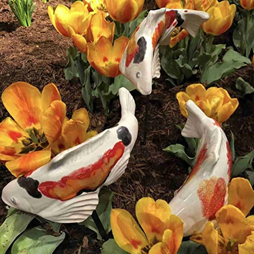 HH-CC 3-teilige Fische im Garten, Garten-Koi-Harzhandwerk, bemalte Koi-Figur, Skulptur für Garten, Rasenteich und Heimküchendekoration,F