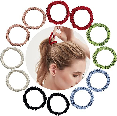 12er Seide Haargummis Kleine Yomaido Haarband Haarbänder Gummibänder Haarringe- Reißfeste Zopfgummis, Angenehm für das Haar für Frauen und Mädchen, Pferdeschwanz-Halter (Dunkler 12 Stück)