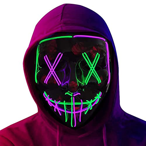 Generic LED Halloween Maske, LED Purge Maske mit 3 Beleuchtungsmodi, Carnival LED Halloween Leuchtmaske, Halloween Scary Mask, für Karneval, Halloween, Cosplay und Partys, M, Grün+violett