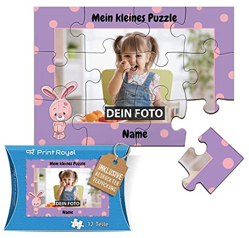 Fotopuzzle aus Holz für Kinder mit Name und Foto Puzzle selbst gestalten - Mein kleines Puzzle mit Hase, Kinderpuzzle | 25 x 17,5 cm, 12 Teile in Kartonverpackung