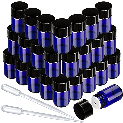FANDAMEI 2 ml Blaue Leere Glasflaschen, Fläschchen für Ätherische Öle, Mini Glasflasche mit Tropfer, Orifice Reducers, Perfekt für Ätherisches Öl, Spa, Massage, Aromatherapie, 25 PCS