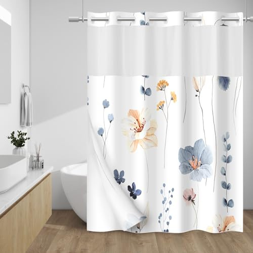 WITHLOC No Hook Shower Curtain with Snap in Liner - Watercolor Floral Shower Curtain - Fabric Waterproof Inner Liner, Plants Blue Beige Flowers White Cloth Shower Curtains Washable, 71 x 74 Inch