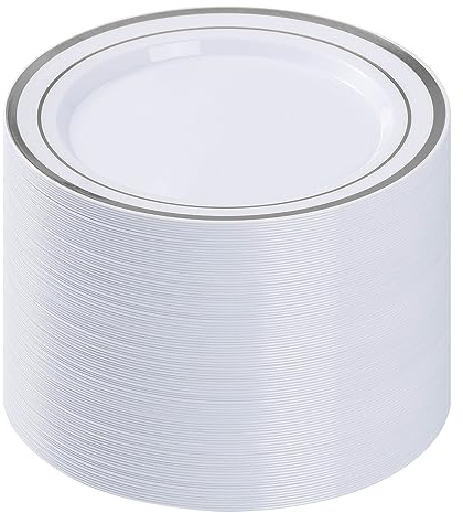 BESTVIP 100Pcs Silver Plastic Plates, 10.25 Inch Disposable Party Plates