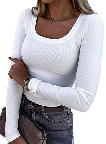 Smile Fish Womens Long Sleeve Scoop Neck Ribbed Knit Fitted Casual Tops Tee Slim Basic Shirts, White L