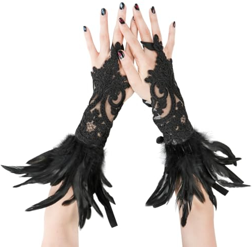 Aurasky Spitzenhandschuhe Mit Federn Schwarz, Lange Damen Spitze, 20er Jahre, Fingerlos, für Hochzeit, Halloween, Fasching, Karneval, Cosplay Party