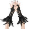 Aurasky Spitzenhandschuhe Mit Federn Schwarz, Lange Damen Spitze, 20er Jahre, Fingerlos, für Hochzeit, Halloween, Fasching, Karneval, Cosplay Party