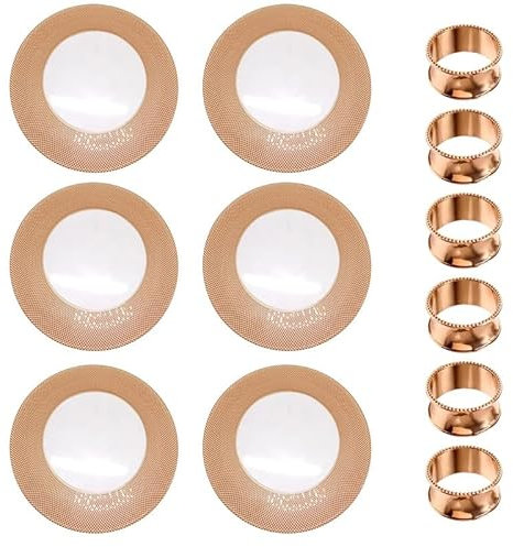 Trimming Shop Rose Gold Charger Plates Set of 6 and 6 Pack Hammered Design Napkin Rings, Glass Charger Plate Checkered Design 33cm Chargers for Dinner Serving Plates Decor Wedding, Party, Decoration