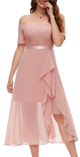 Berylove Hochzeitskleider Für Damen Brautjungfernkleider Sommerkleid Damen Kurz Cocktailkleid Damen Elegant Für Hochzeit Abendkleider Glitzer Lang Spitzenkleid BLP7085 Blush L
