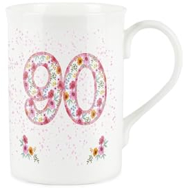Purely Home Pink Floral Ages Mug - 90th Birthday Gifts for Her - Bone China Coffee/Tea Mug
