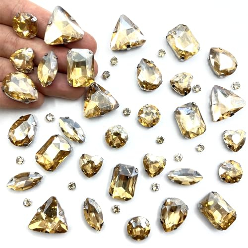 Yixinly 236 Stück Strasssteine zum Aufnähen, 7 Formen von Strasssteinen Metall Krappenfassung Glas Nähen Edelsteinefür DIY-Bastelkleidung, Kleidungs, Schuhe, Taschen (Champagnerfarbe)
