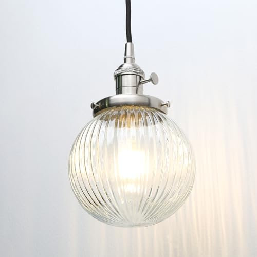 JIMUBEAM Industrial Glass Ceiling Pendant Light, Retro Loft Bar Hanging Lamp Fixture with Ribbed Glass Lampshade for Kitchen Island, Dining Room, Living Room, Hallway, Entryway, Bedroom