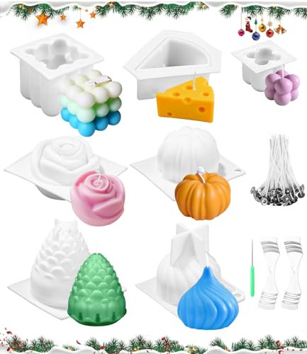 Birshe Kerzen Silikonform 3D,Silikon Kerzenwachs Formen Antihaft Bubble Candle Silikonform Kerzen-Gießen Formen mit 50Pcs Kerzendocht Rose Kerzengießform Candle Mold zum Gießen als Heimdekoration