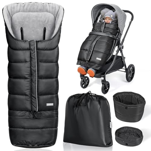 Orzbow Fußsack Kinderwagen Winter,Lang Fußsack Buggy mit Reissverschluss & Kapuze,Wasserfest Fusssack Kinderwagen Baby mit Einstellbar Länge,Universelles & Rutschfest,Warme,97*44cm/117*44cm,Schwarz