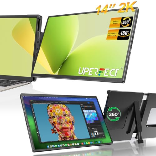 UPERFECT Laptop Screen Extender, 2K 14 360°Unique Swivel Hinge w/ 180° Automatic Rotation, 2240x1400 QHD IPS Portable Monitor for 13.3-17.3'' Laptops, Plug & Play with Macs, Wins, Androids, Dex