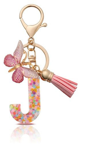 CHUQING Schlüsselanhänger Buchstabe J für Frauen Mädchen Rosa Schlüsselanhänger Anfangsbuchstabe Schmetterling