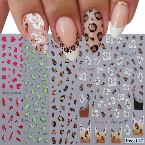 Nagelsticker French, Leopard Nagelsticker Selbstklebend 3D Leopardenmuster Animal Blumen Nail Art Stickers Winter Nagelaufkleber NagelDesign DIY Maniküre Dekoration(4Blatt)