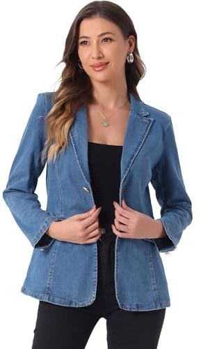 Allegra K Notched Lapel Denim Blazer for Women's Casual Work Long Sleeve Shoulder Pad Jean Jackets Large Light Blue