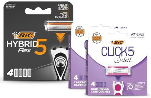 BIC Hybrid 5 Flex Pack de 4 Recharges de Rasoir Homme et Bic Click 5 Soleil Lot de 8 Recharges de Rasoir Femme pour un rasage lisse de près ultra-près avec 5 lames Nano-Tech Titanium et lubrifiantes
