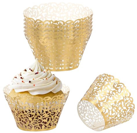 PATIKIL Cupcake Wrappers Paper, 50 Pack Baking Cups Standard Vine Decoration for Anniversary Birthday Weddings and Parties, Reflective Gold