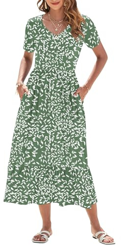AUSELILY Sommerkleid Damen Lang Kurzarmkleid Maxikleid Damen Sommer V-Ausschnitt Empire Taillen Strandkleider mit Taschen