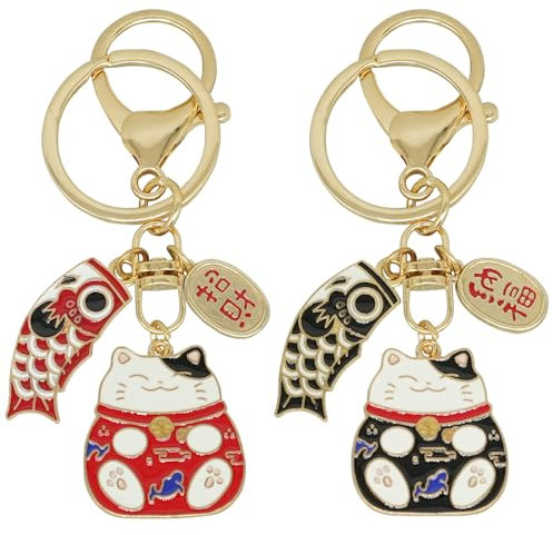 Moydolo 2Pcs Glückskatze Schlüsselanhänger mit Fisch japanische Beckoning Glück Fengshui Keychain für Reichtum Glück
