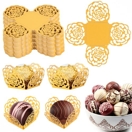 100 PCS Petit Four Cases, Gold Foil Rose Pattern Chocolate Truffle Cases, Chocolate Truffle Wrappers Paper, Chocolate Paper Cups for Christmas, Wedding, Birthday