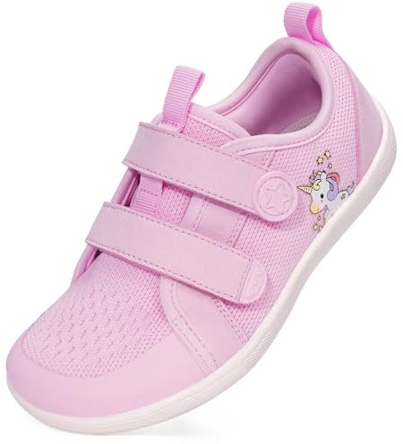 BibYuga Generisch Chaussures pieds nus pour enfants, baskets larges, chaussures pieds nus pour garçons et filles, chaussures de sport antidérapantes avec bande à crochet et boucle, Rose, 30 EU