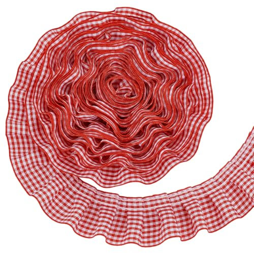 PH PandaHall 10m Ruban à Volants Rouge 4cm Bordure en Dentelle Plissée à Volants Tissu à Carreaux pour la Couture Habiller Costume Collier Menottes Arrangement Floral Décoration de la Maison