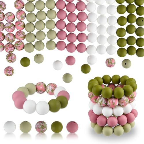 ASTARON 100 Perles en silicone 15mm pour la fabrication de porte-clés, perles rondes roses, vertes et blanches pour bracelets, loisirs créatifs, stylos à perles, fournitures de fabrication de bijoux