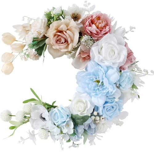 Frühlingskranz, 40 cm Blumenkranz Deko, Künstlicher Dekokranz, Rose Türkranz für drinnen, Hauswand, Fenster, Festival, Hochzeit
