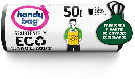 Handy Bag Sacs poubelle résistants et écologiques, 100% recyclés, anti-fuite, fermeture automatique, 50 l, 8 sacs