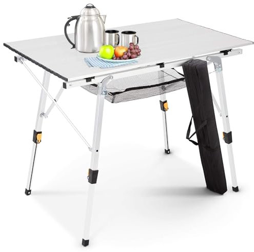 Arebos Campingtisch faltbar 90 x 51,5 cm | Klapptisch höhenverstellbar 47-69 cm | Camping Zubehör, Garten, Grill, Picknick | Camping Tisch klappbarer Falttisch | Reisetisch inkl. Tragetasche | Silber